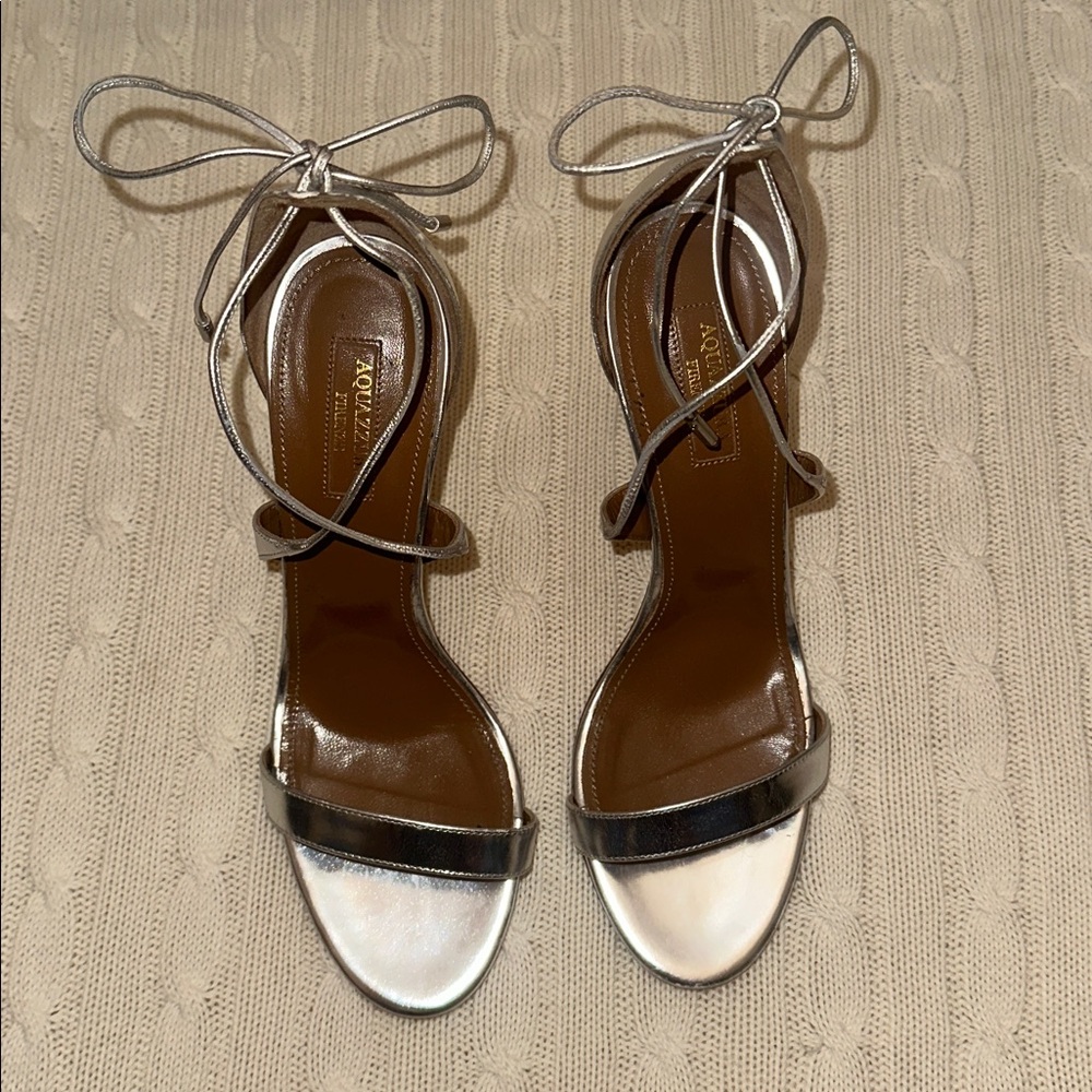 Aquazzura Metallic Silver Lace-Up Sandals